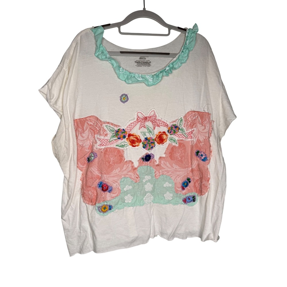 Vintage floral appliqué ruffle collar handmade‎ tshirt